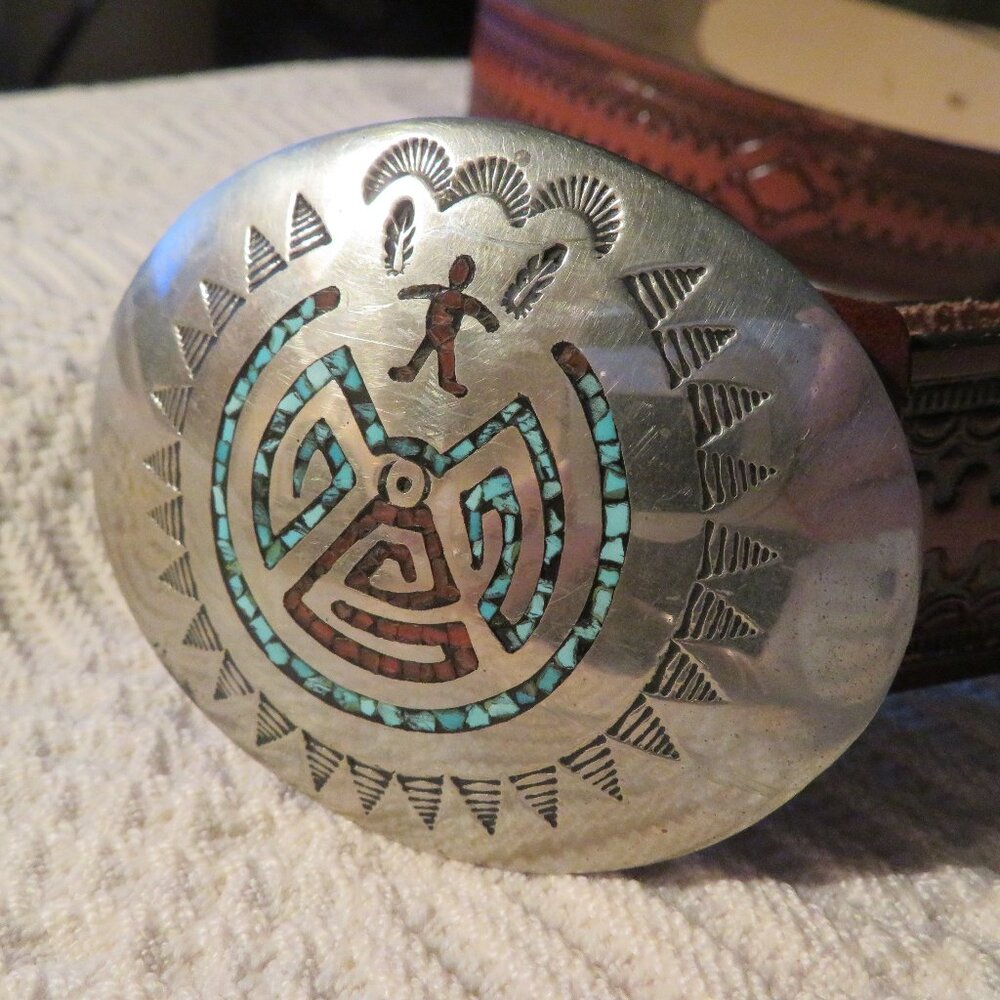 Vintage Leander Nezzie Navajo Hand Made Buckle Turquoise Coral Inlay Signed LN